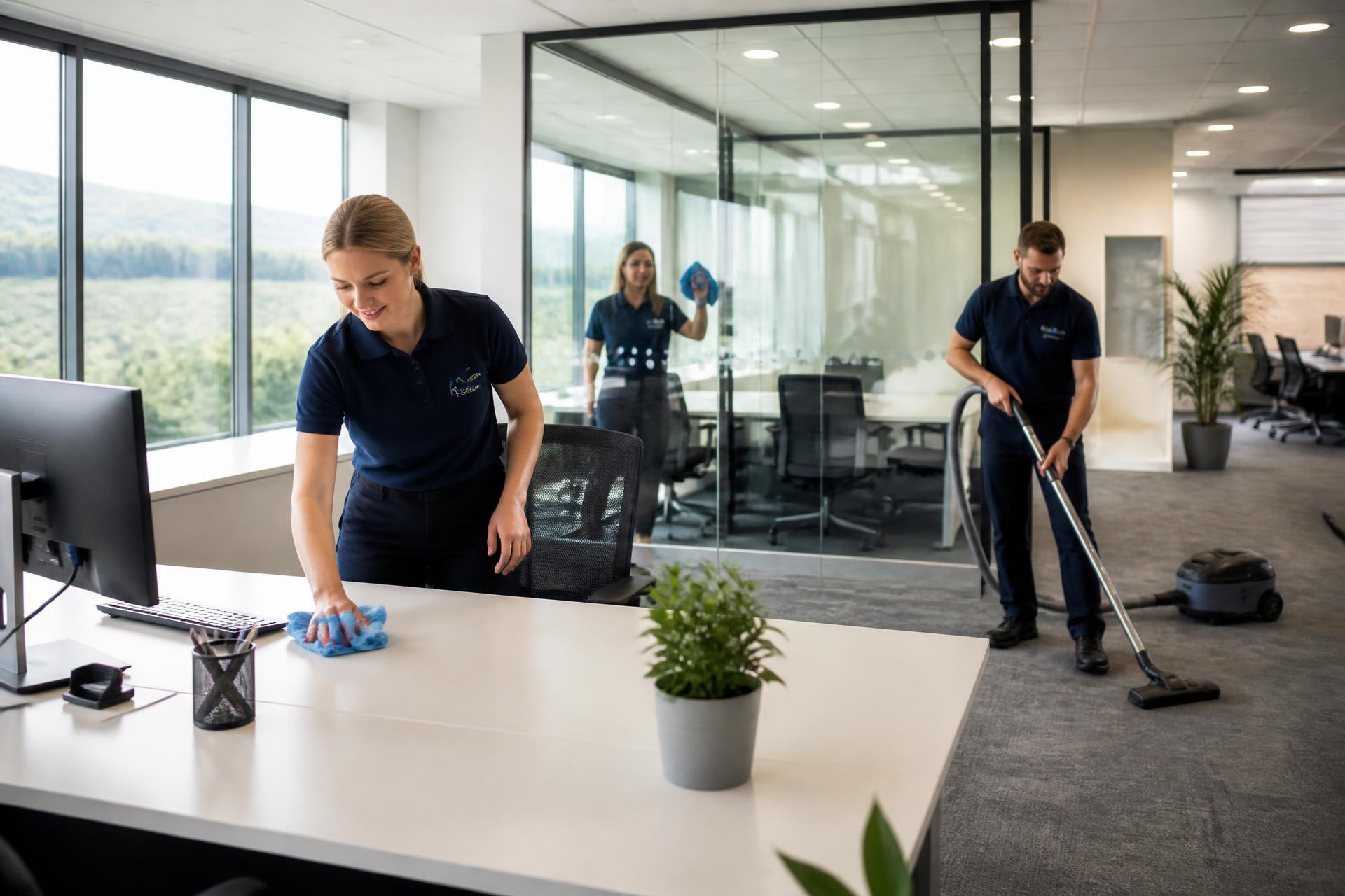 Professional commercial cleaning team working in a modern Yorkshire office